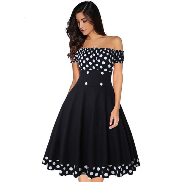 

new summer plus size 3xl women vestido polka dot printed off shoulder a line rockabilly vintage party dress, Black;gray