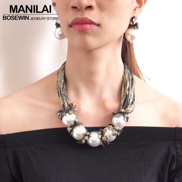 

manilai big imitation pearl necklace set for women fashion colorful ribbon statement necklace earrings wedding jewelry sets, Silver