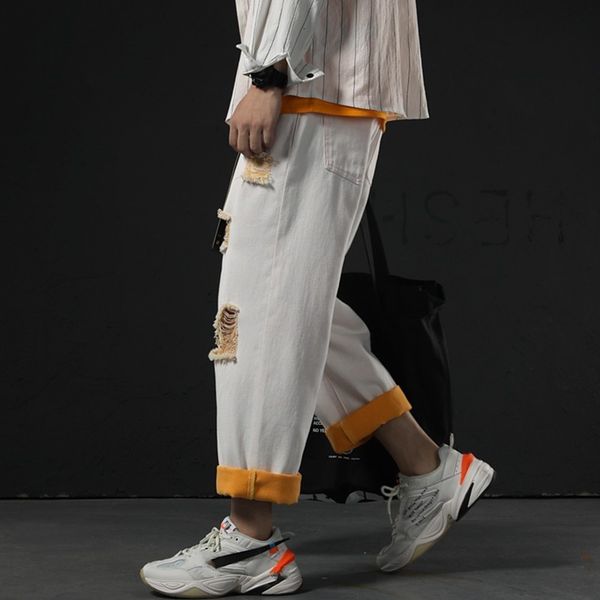 

new fashion mens straight wide leg pants hole ripped white jeans man bf casual hip hop loose fit denim ankle length harem pants, Blue