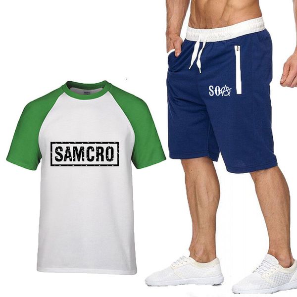 

summer men's suit soa sons of anarchy child samcro printed splice short sleeve male t-shirt+pants suit 2pcs k