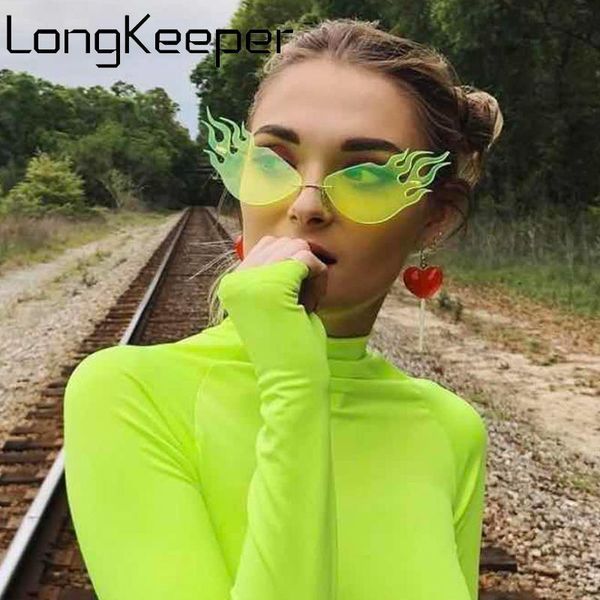 

new luxury fire flame sunglasses women men brand trendy rimless wave sun glasses ladies hip hop narrow eyewear streetwear, White;black