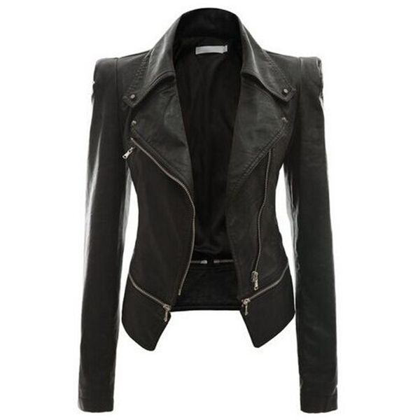 

4 colors leather jacket women autumn winter new design locomotive coat long sleeve lapel collar slim zipper fashion jacket, Black;brown