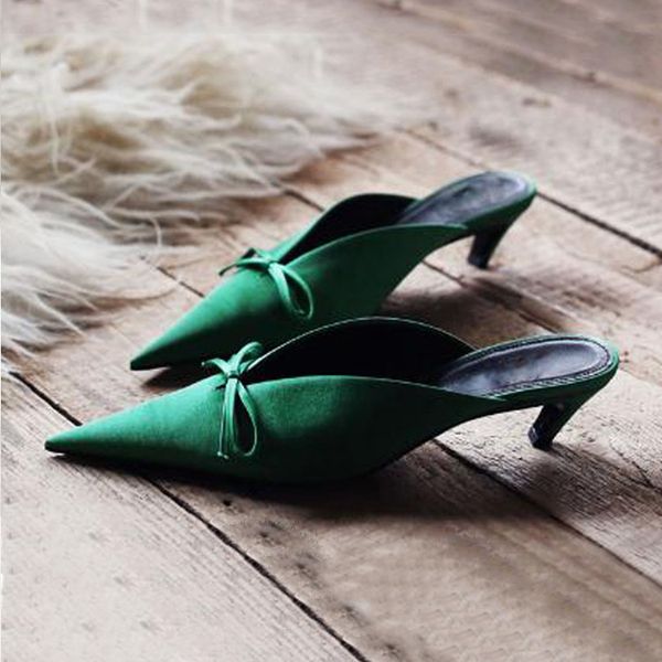 

fashion elegant solid slippers silk butterfly-knot closed toe slides summer closed toe med thin heels shoes, Black