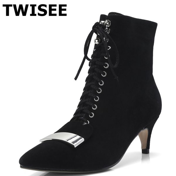 

women mid calf boots pumps selling sapatos femininos autumn point toe woman casual shoes metal decoration solid, Black