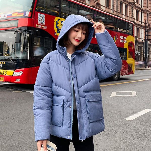 

woman thick warm solid padded casual pockets hooded short jackets female zippers winter parkas, Black