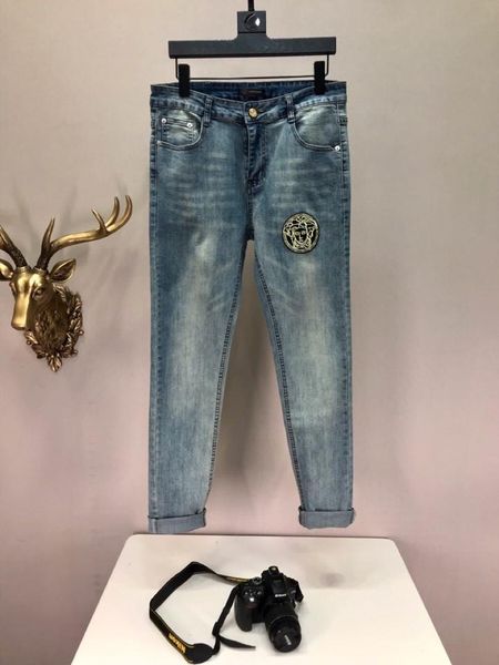 

2019 style luxury f3 summer famous brand men's washed design casual slim summer lightweight denim stretch skinny jeans straight biker s, Blue