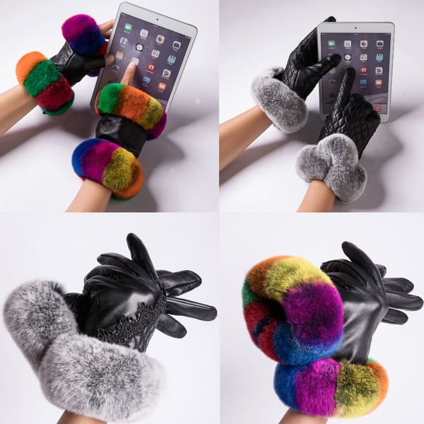 

real rex rabbit fur gloves women genuine sheepskin leather gloves for winter touchscreen fashion mittens 11 colors, Blue;gray