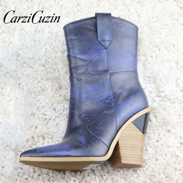 

carzicuzin plus size 33-46 women mid calf boots stone pattern warm winter fur heels boots european style designer shoes women, Black
