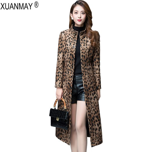 

winter over knee length style cardigan windbreaker slim long style coat 2019 spring leopard pattern cardigan windbreaker women, Black