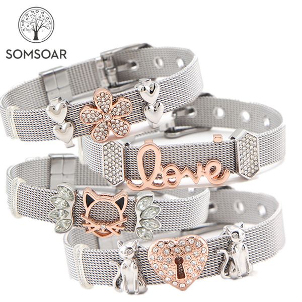 

somsoar jewelry diy selling slide charm bracelet stainless steel mesh bracelet bangles set as mother's day gift dropshipping, Golden;silver