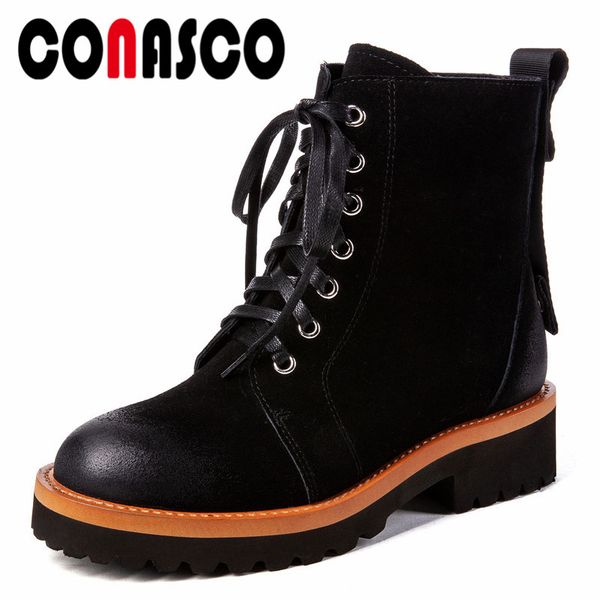 

conasco new women short shoes woman thick heels lace up motorcycle boots ladies fashion brand short boots shoes woman, Black
