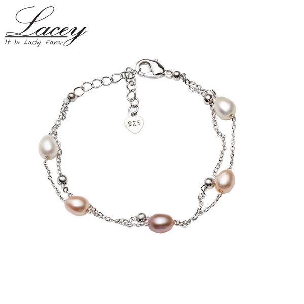 

925 streling silver chain bracelet for women,natural freshwater pearl bracelets two rows pearl beads bracelet jewelry, Golden;silver