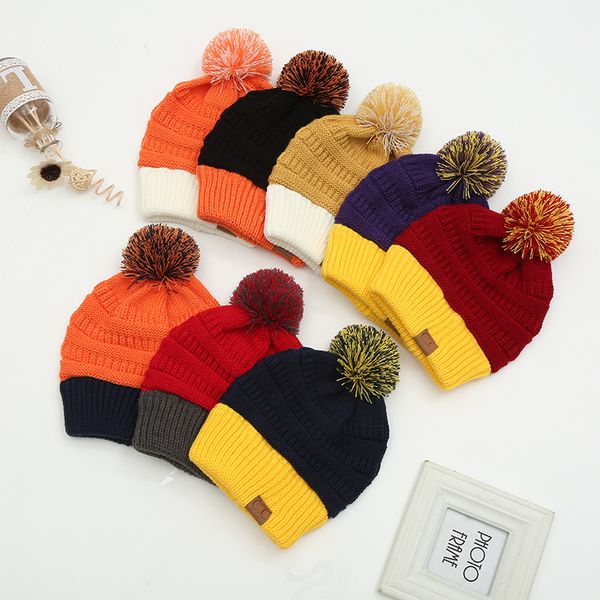 

women's hat knitted hat wool color block warm female casual colorful beanie winter hat for lady ski crochet pom pom cap