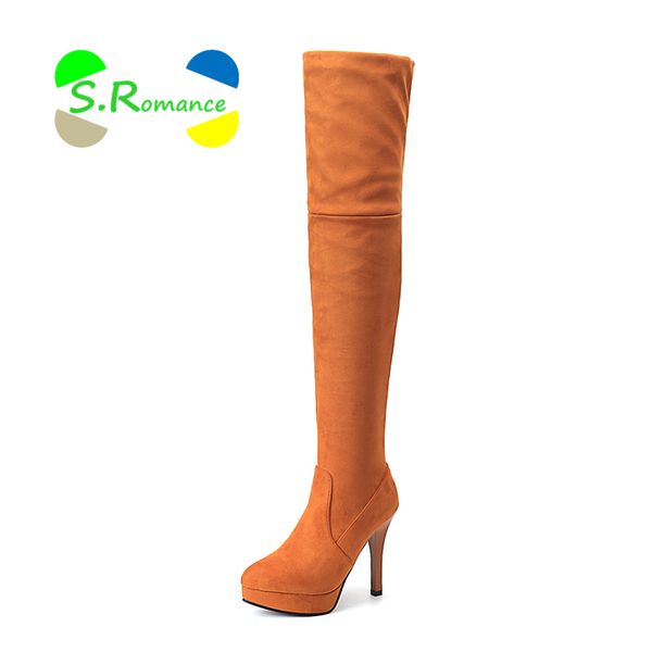 

s.romance women boots woman shoes over the knee high thin heels soft flock slip on elastic 34-43 2018 new fashion sb235, Black