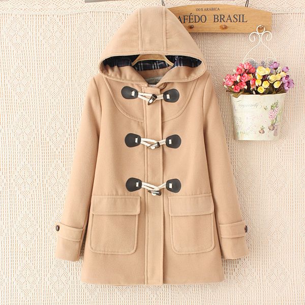 

duffle coat long turn down horn button hooded collar woolen overcoat wide waisted manteau femme out wear winter coats 6, Black