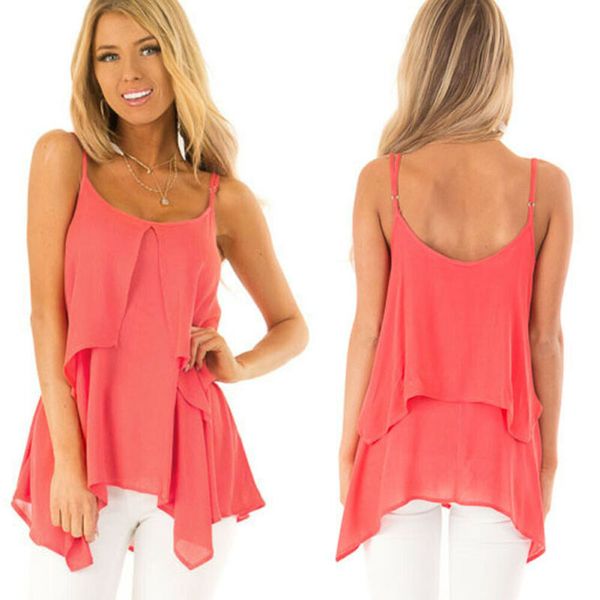 

womens summer sleeveless loose tank beach vest irregularity ruffled sheer solid orange for ladies women casual clothing, White