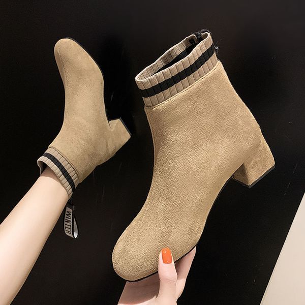 

35-43 big yard women spring autumn martin boots 2020 new fashion 5cm thick heels single shoes female vintage zipper knit shoes, Black