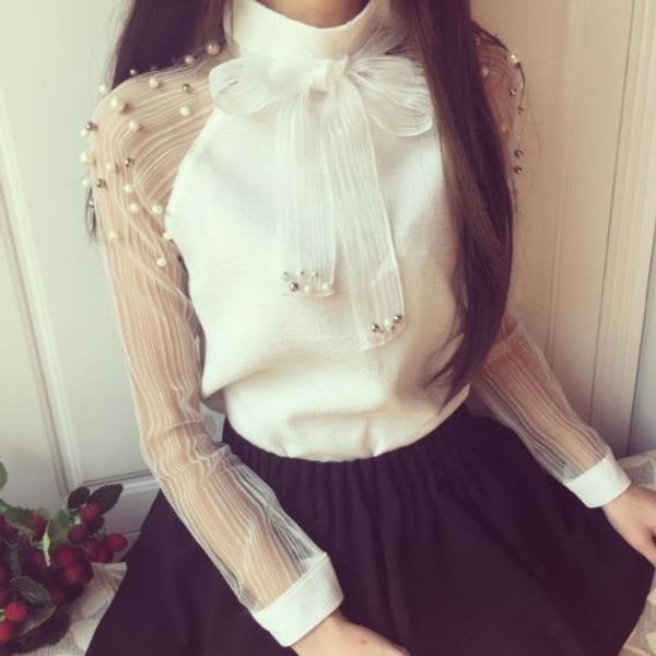 

2020 women clothing elegant european white lace bow beading mesh stitching long sleeve chiffon blouse shirt dv970
