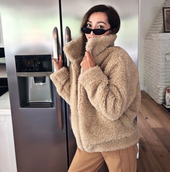 

luxury winter lamb fur coat for women fashion designer casual work women thick fur vintage outwear faux fur, Black