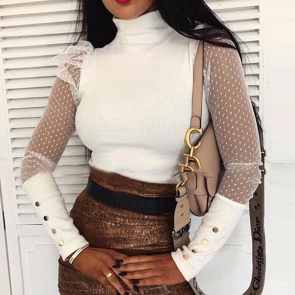 

new women polka dot mesh sheer see through long sleeve turtleneck blouse shirts blusas streetwear baggy tunic clothing, White