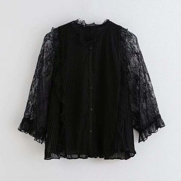 

2020 new women elegant lace sleeve patchwork pleated blouse shirts women o neck cascading ruffles casual slim blusas ls6106, White