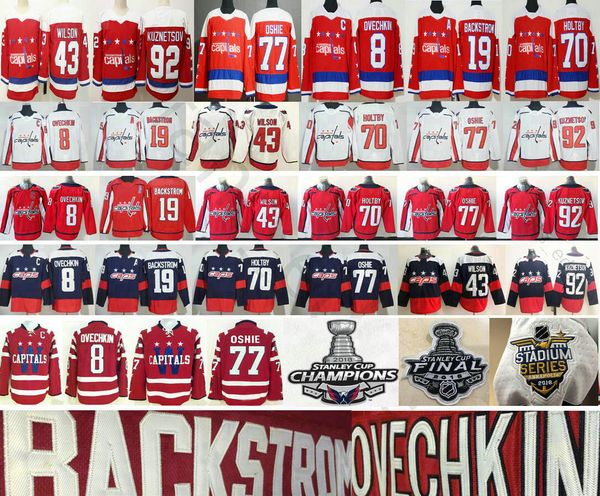 

washington capitals #8 alex ovechkin 43 tom wilson 77 t.j. oshie 19 nicklas backstrom 70 braden holtby 92 evgeny kuznetsov hockey jerseys, Black;red