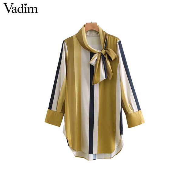 

vadim women bow tie collar striped long blouses long sleeve pleated shirts female casual asymmetrical chic blusas la584, White