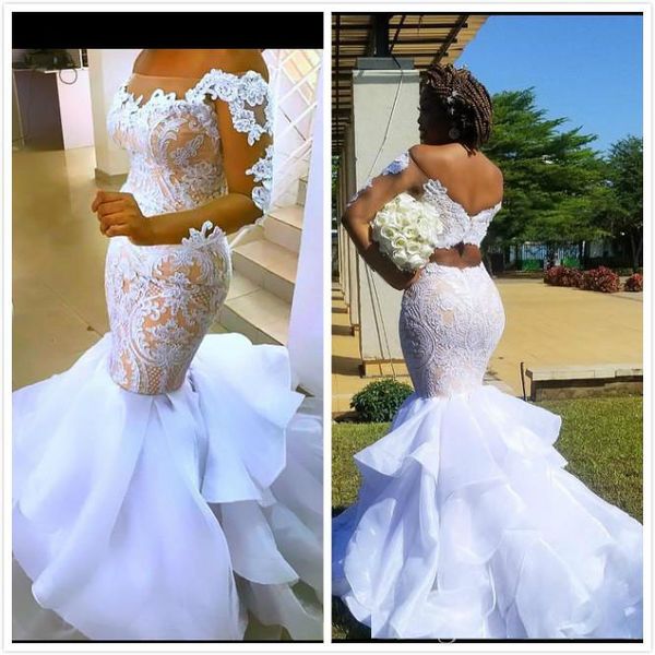 

arabic aso ebi illusion lace wedding dresses mermaid long sleeves bridal dresses organza wedding gowns, White
