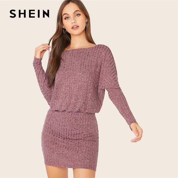 

shein burgundy batwing sleeve rib-knit blouson dress women autumn boat neck long sleeve ladies fitted elegant mini dresses, Black;gray