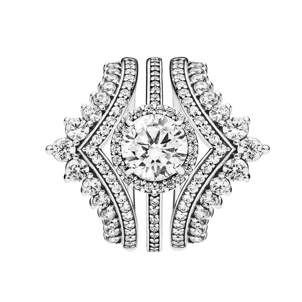 Conjunto de anéis de luxo 3 em 1 Princess Wish Rings Round Sparkle Halo Ring para Pandora anel de prata esterlina 925 com caixa original