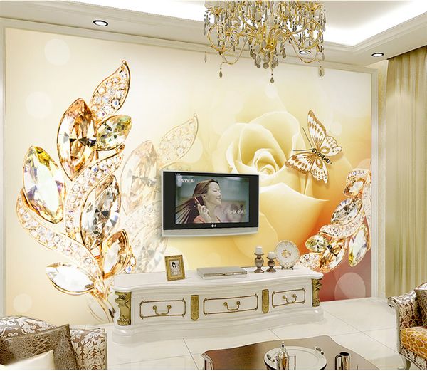 Telefon 3D Wallpaper Goldene Rose Kristall Blatt 3D Schmuck Wohnzimmer Schlafzimmer Hintergrund Wanddekoration Wandbild Tapete