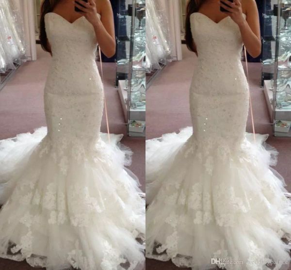 

latest sweetheart neck mermaid wedding dresses lace up back appliques beaded bridal wedding gowns hochzeitskleid robe de mariee, White