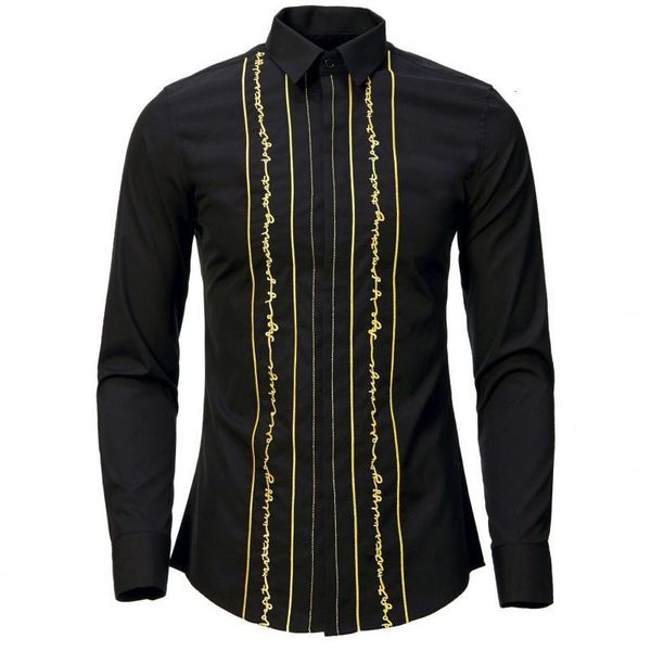 

cotton mens shirts luxury gold stripe embroidery long sleeve mens dress shirts fashion slim fit party male 5xl, White;black