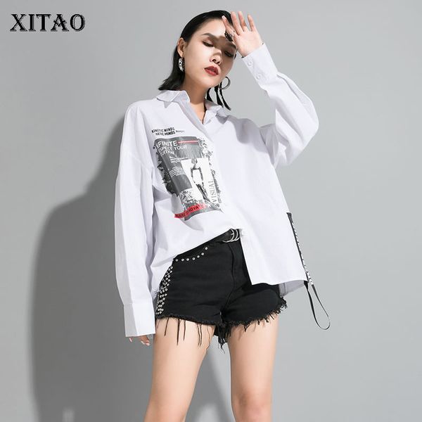

xitao печати letter pattern блуза новая мода женщины 2020 весна элегантный нерегулярное лоскутная меньшинства повседневный плиссе рубашка xj, White