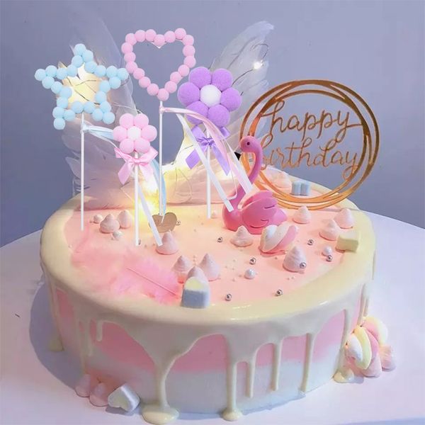 

3 sets pink blue pom pom balls cake ers baby shower birthday wedding party heart star flower hairballs cake decor supplies