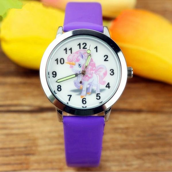 

new unicorn kids cartoon fashion watches colorful horse childrens jelly boy girl students wristwatch unicorns leather clock, Slivery;brown