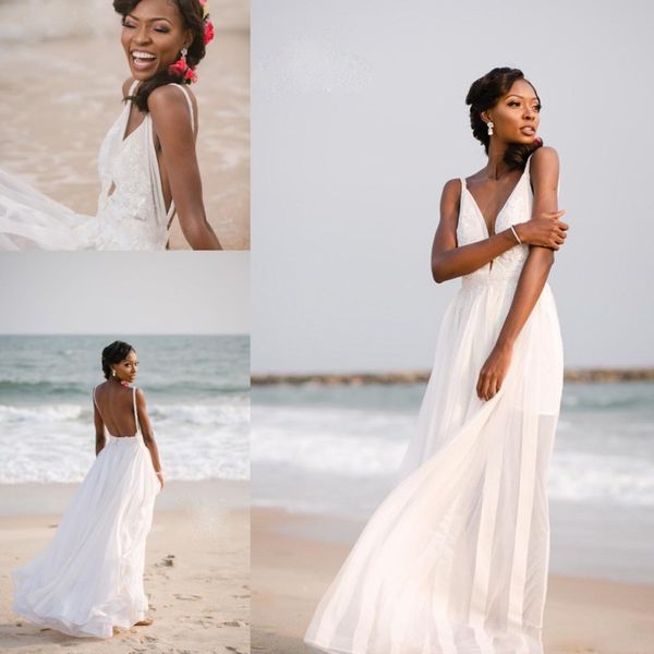 Simples Praia Vestidos De Casamento 2019 Verão Spaghetti Sexy Profundo Decote Em V Vestidos de Noiva Backless Chiffon Rendas Apliques Baratos Vestidos De Casamento