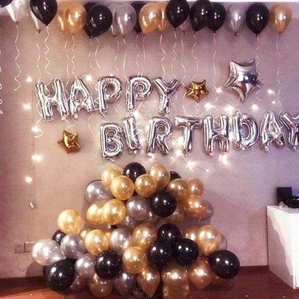 Silver Happy Birthday Letter Globos With Pearl Gold Black White