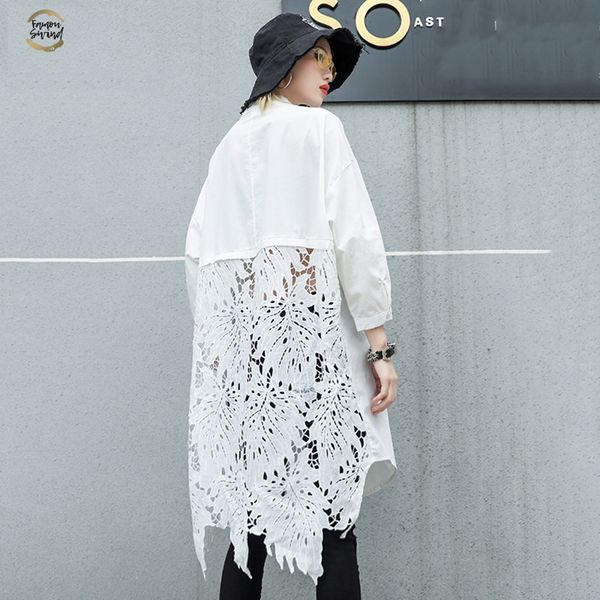 

2019 new spring summer stand collar long sleeve back lace hollow out spliced big shirt women blouse fashion tide jr835, White