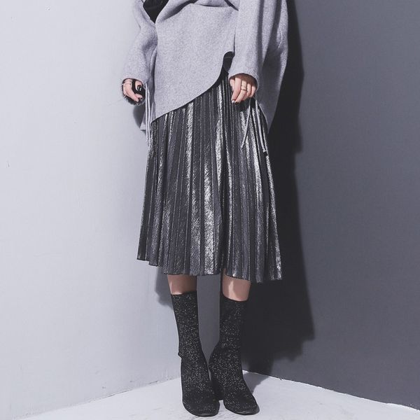 

danjeaner women silver metallic skirts autumn winter casual warm slim fit high waist pleated skirts fashion party club skirts, Black;gray