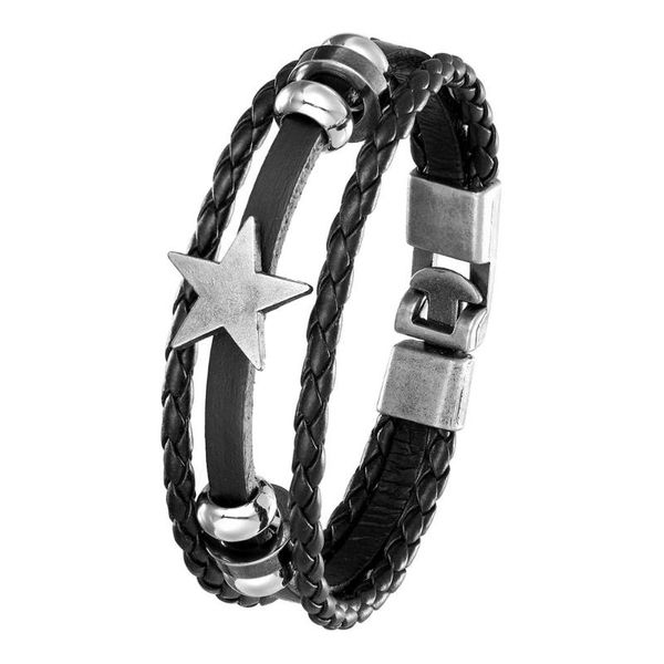 

beaded, strands men's vintage bracelet multilayer leather alloy pentagram weave cowhide coat fashion men, Black
