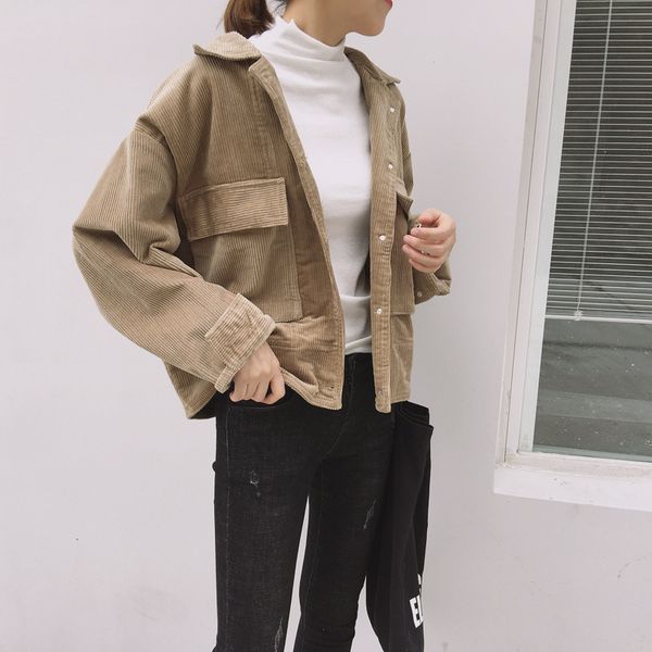 

ellacey korean 2019 autumn winter corduroy jacket double pocket college style loose baseball uniform short jacket coat female, Black;brown
