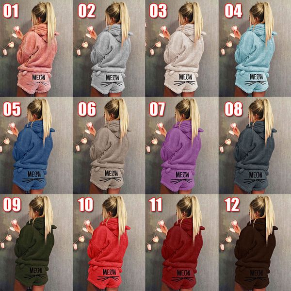 

new women coral velvet suit two piece autumn winter pajamas warm sleepwear cute cat meow pattern hoodies shorts sets, Blue;gray