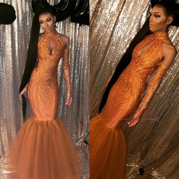 

2020 orange sequin mermaid prom dresses keyhole neck tulle backless hollow out african evening gowns bc3485