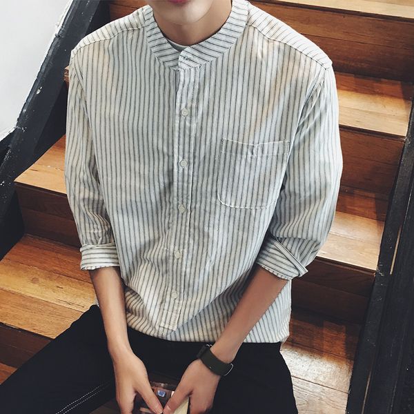 

summer men's trendy five separate collar vertical stripe shirt male loose cotton linen shirt turn-down collar, White;black