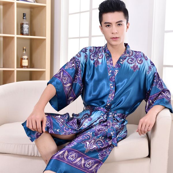 

2017 spring summer autumn men chinese traditional satin silk robes male bathrobe casual pijama man sleepwear plus size 3xl, Black;brown