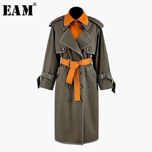 

eam] women contrast color split big size trench new lapel long sleeve loose fit windbreaker fashion tide spring 2020 1m823, Tan;black