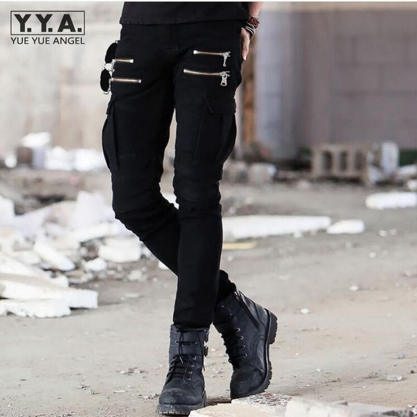 

new mens slim fit casual pleated cargo jeans denim skinny fitness overall pants trousers homme, Black
