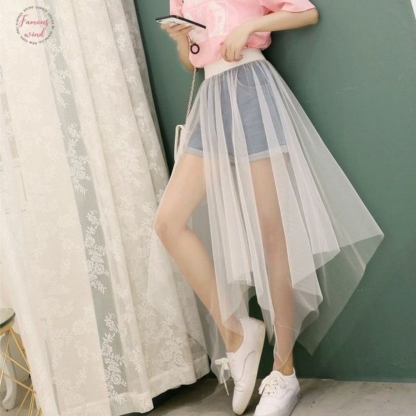 

tulle women summer black white irregular mesh midi skirt party transparent pleated long skirts saias faldas jupe femmle
