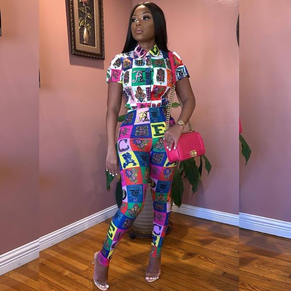 

multicolor retro irregular plaid letters print casual women jumpsuits short sleeve button turn-down collar empire fashion ld8323, Black;white
